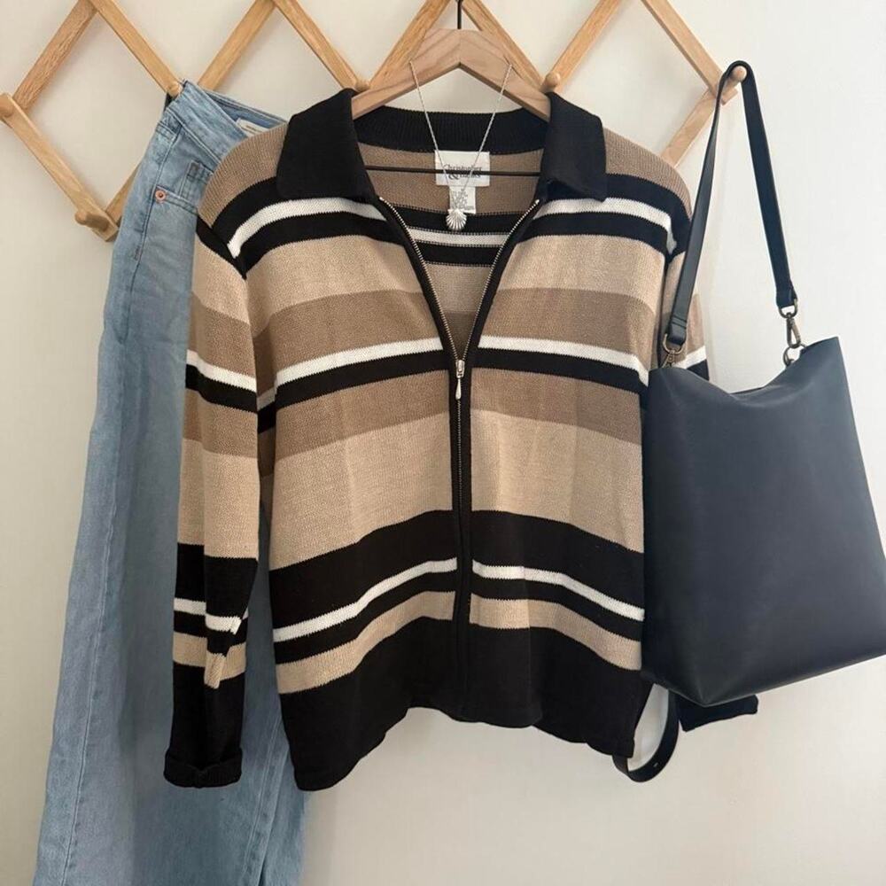 Vintage y2k Christopher banks Striped Full-Zip Polo Collar Knit Sweater